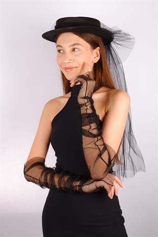 Black Voile Wedding Hat Vera Lace Floral Bridal Accessory and Bridal Gloves