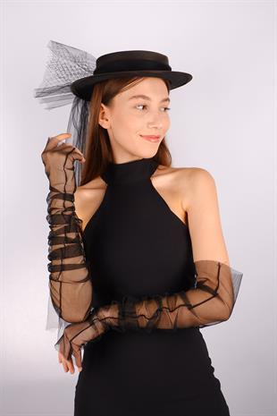 Black Voile Wedding Hat Vera Lace Floral Bridal Accessory and Bridal Gloves