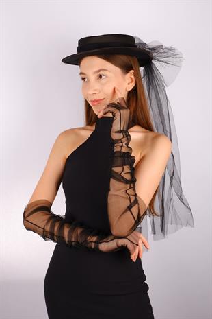 Black Voile Wedding Hat Vera Lace Floral Bridal Accessory and Bridal Gloves