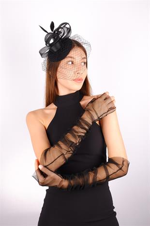 Black Voile Wedding Hat Vera Tulle Bridal Accessory and Gloves