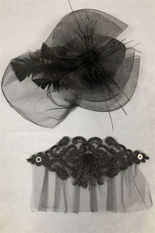 Black Voile Hat and Wristband Accessory Face Veils