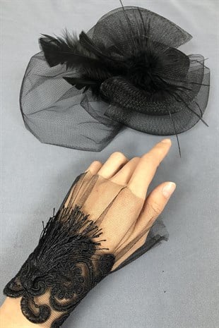 Black Voile Hat and Wristband Accessory Face Veils