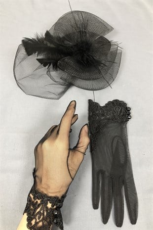 Black Voile Hat and Lace Gloves Face Veils