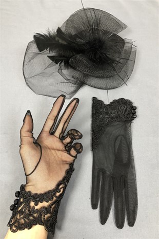 Black Voile Hat and Lace Gloves Face Veils