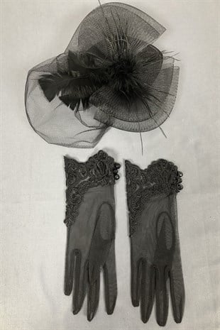 Black Voile Hat and Lace Gloves Face Veils