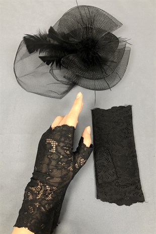 Black Voile Hat and Lace Gloves Face Veils