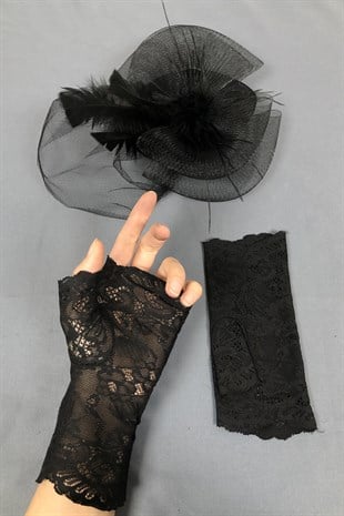 Black Voile Hat and Lace Gloves Face Veils