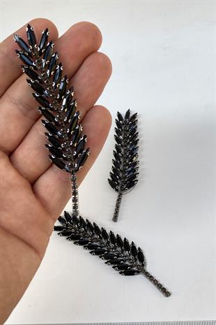 Siyah Yaprak Desen Ütüyle Yapışan Parlak Taşlı Aplik 