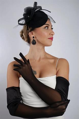 Siyah Yarı Saten Tül Gelin Eldiveni ve Düğün Nikah Fascinator Şapka Seti