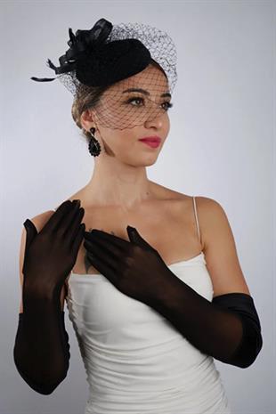 Black Semi-Satin Tulle Bridal Gloves and Wedding Fascinator Hat Set