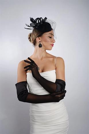 Black Semi-Satin Tulle Bridal Gloves and Wedding Fascinator Hat Set