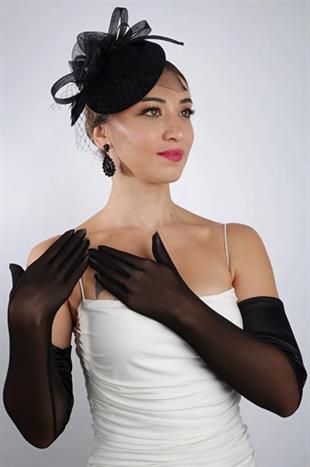 Siyah Yarı Saten Tül Gelin Eldiveni ve Düğün Nikah Fascinator Şapka Seti