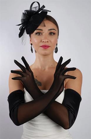 Siyah Yarı Saten Tül Gelin Eldiveni ve Düğün Nikah Fascinator Şapka Seti