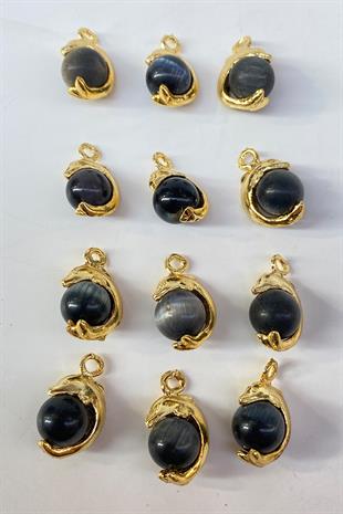 Siyah Yuvarlak Doğal Taşlı Gold Detaylı Kolye Ucu