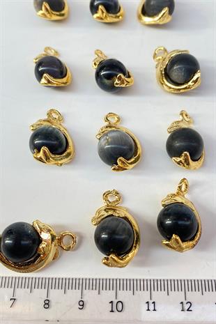 Siyah Yuvarlak Doğal Taşlı Gold Detaylı Kolye Ucu