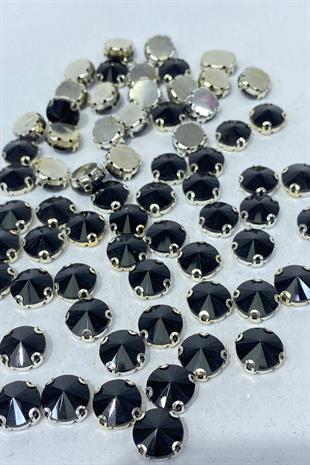 Siyah Yuvarlak Kasalı Dikme Cam Taş Kristal Boncuk 10 Adet