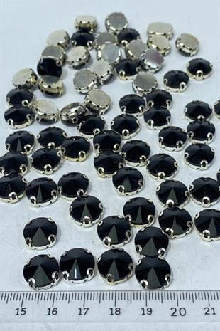 Siyah Yuvarlak Kasalı Dikme Cam Taş Kristal Boncuk 10 Adet