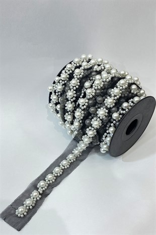 Black Background Pearl and Sand Bead Embroidered Ribbon 1 mt