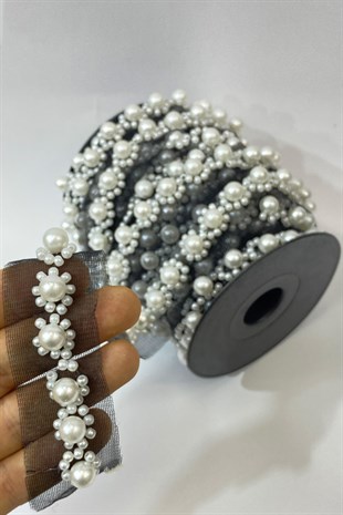 Black Background Pearl and Sand Bead Embroidered Ribbon 1 mt