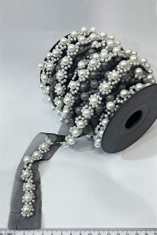 Black Background Pearl and Sand Bead Embroidered Ribbon 1 mt