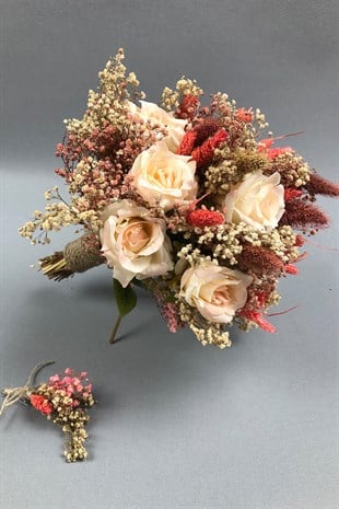 Salmon Dried Flower Bridal Bouquet and Boutonniere
