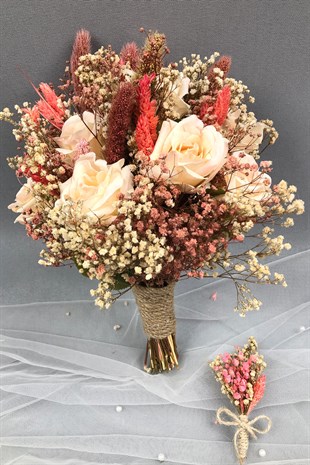 Salmon Dried Flower Bridal Bouquet and Boutonniere