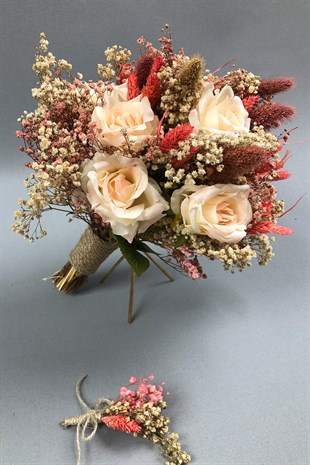 Salmon Dried Flower Bridal Bouquet and Boutonniere
