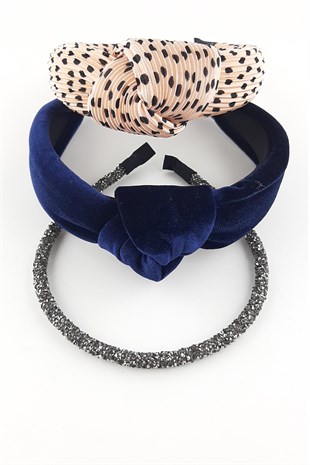 Somon Lacivert Antrasit 3Lü Kadife Taç Takım