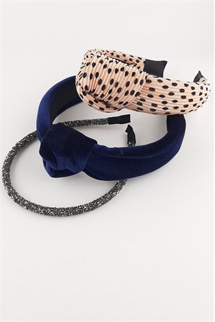 Somon Lacivert Antrasit 3Lü Kadife Taç Takım