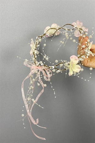 Somon Ortanca Çiçekli Özel Gelin Kına Tacı