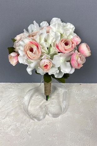 Somon Ortanca Şakayıklı Gelin El Buketi Saç Aksesuarı ve Yaka Çiçeği