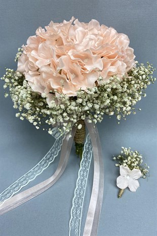 Somon Ortanca ve Krem Cipsolu Gelin Buketi Damat Yaka Çiçeği