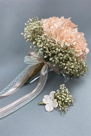 Somon Ortanca ve Krem Cipsolu Gelin Buketi Damat Yaka Çiçeği