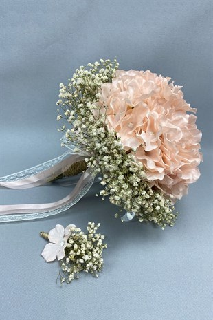 Somon Ortanca ve Krem Cipsolu Gelin Buketi Damat Yaka Çiçeği