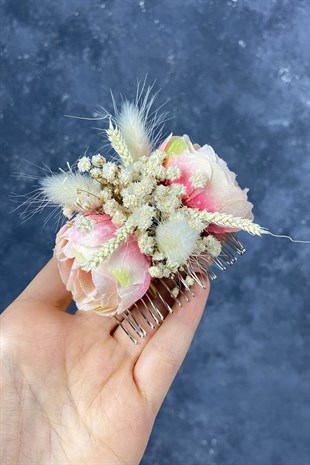 Somon Pamuk Otlu Cipso ve Yapay Çiçek Taraklı Saç Tokası Aksesuar