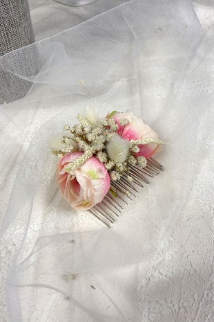 Somon Pamuk Otlu Cipso ve Yapay Çiçek Taraklı Saç Tokası Aksesuar