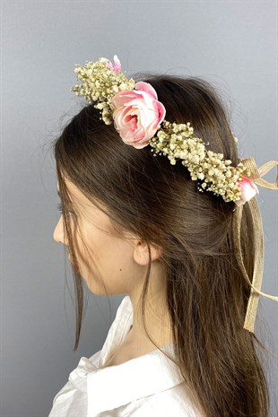 Somon Şakayık Çiçekli Cipsolu Fiyonklu Dış Çekim Gelin Tacı