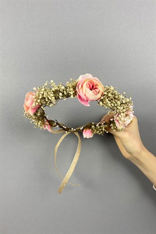 Somon Şakayık Çiçekli Cipsolu Fiyonklu Dış Çekim Gelin Tacı