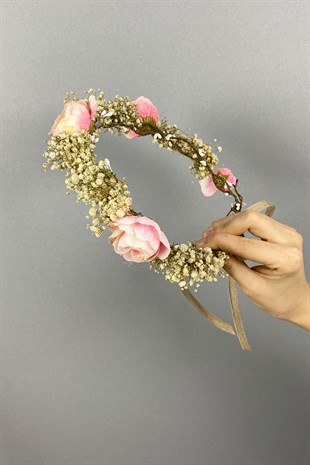 Somon Şakayık Çiçekli Cipsolu Fiyonklu Dış Çekim Gelin Tacı