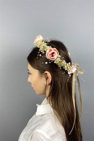 Somon Şakayık Çiçekli Cipsolu İncili Fiyonklu Dış Çekim Gelin Tacı