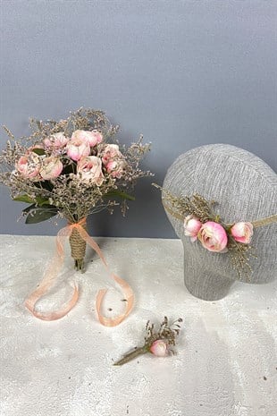Salmon Peony Flower Sea Herb Bridal Bouquet Crown and Boutonniere Set