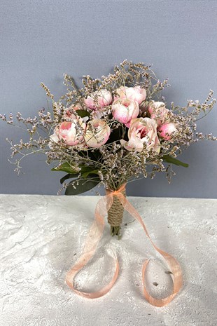Salmon Peony Flower Sea Herb Bridal Bouquet Crown and Boutonniere Set