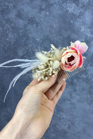 Somon Tüylü ve Cipso Çiçekli Taraklı Saç Aksesuarı