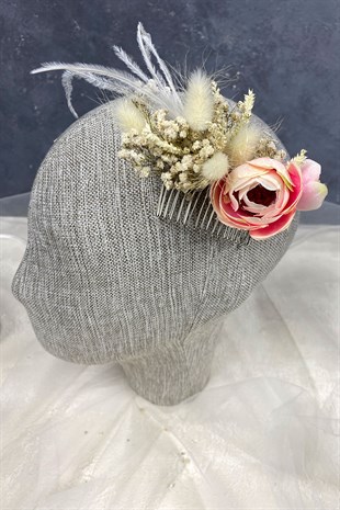 Somon Tüylü ve Cipso Çiçekli Taraklı Saç Aksesuarı