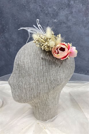 Somon Tüylü ve Cipso Çiçekli Taraklı Saç Aksesuarı