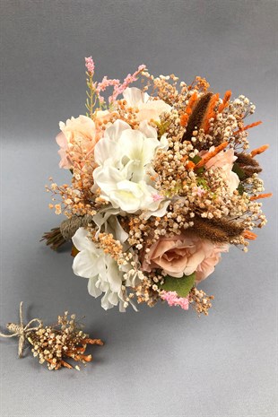 Salmon and White Dried Flower Bridal Bouquet and Boutonniere