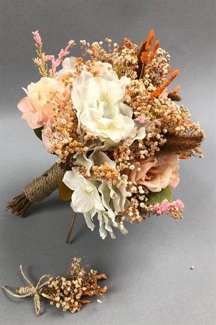 Salmon and White Dried Flower Bridal Bouquet and Boutonniere