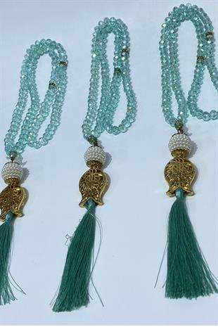 Su Yeşili Hediyelik Laleli Püsküllü Kristal Boncuklu 99 Lu Namaz Tesbihi ( Mevlüt-sünnet-hac-umre)