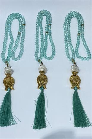 Su Yeşili Hediyelik Laleli Püsküllü Kristal Boncuklu 99 Lu Namaz Tesbihi ( Mevlüt-sünnet-hac-umre)