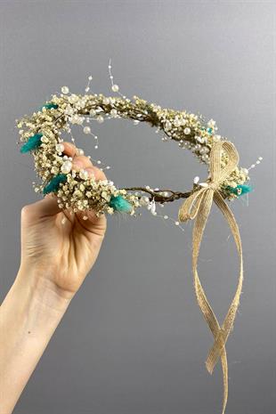 Su Yeşili Krem Cipsolu İncili Ve Pamuk Otlu Gelin Dış Çekim Tacı